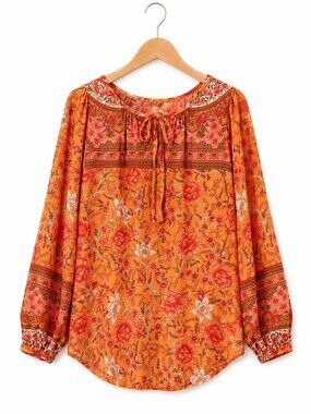 New Umgee M Peach Mixed Floral Border Print Long Puff Sleeve Split Neck Top